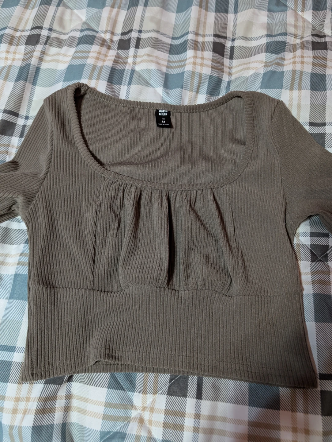 Blush Mark Brown Ribbed Ruched Bust Long Sleeve Crop Top - photo 3