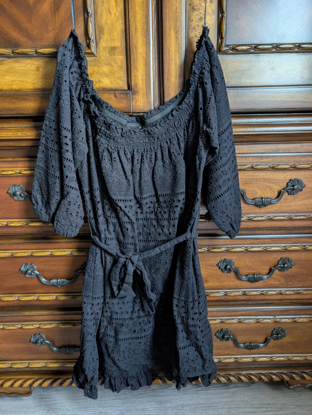 Zara Basic Black Eyelet Off-the-Shoulder Dress