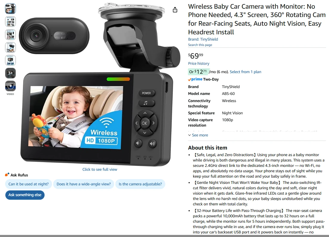 Wireless Baby Car Camera 4.3" Screen HD 1080P - photo 2