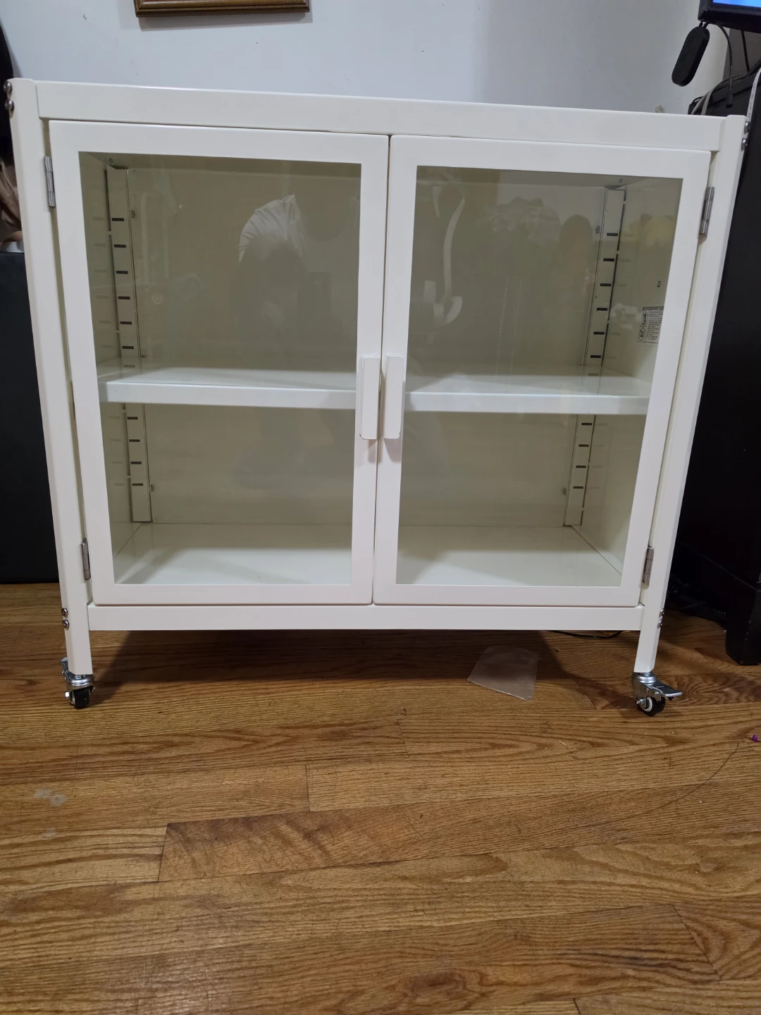 White Metal and Glass Cabinet with Wheels