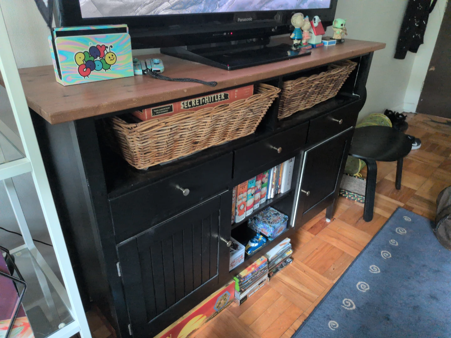 Black TV Stand with Wooden Top - photo 2
