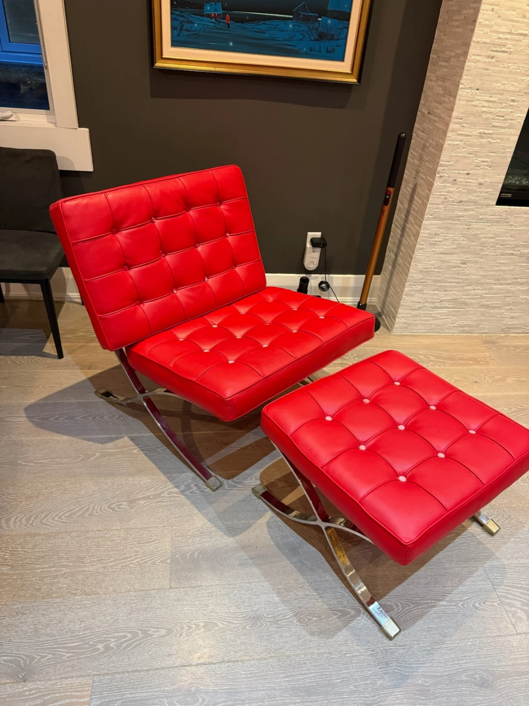 Red Leather Barcelona Chair and Ottoman Set