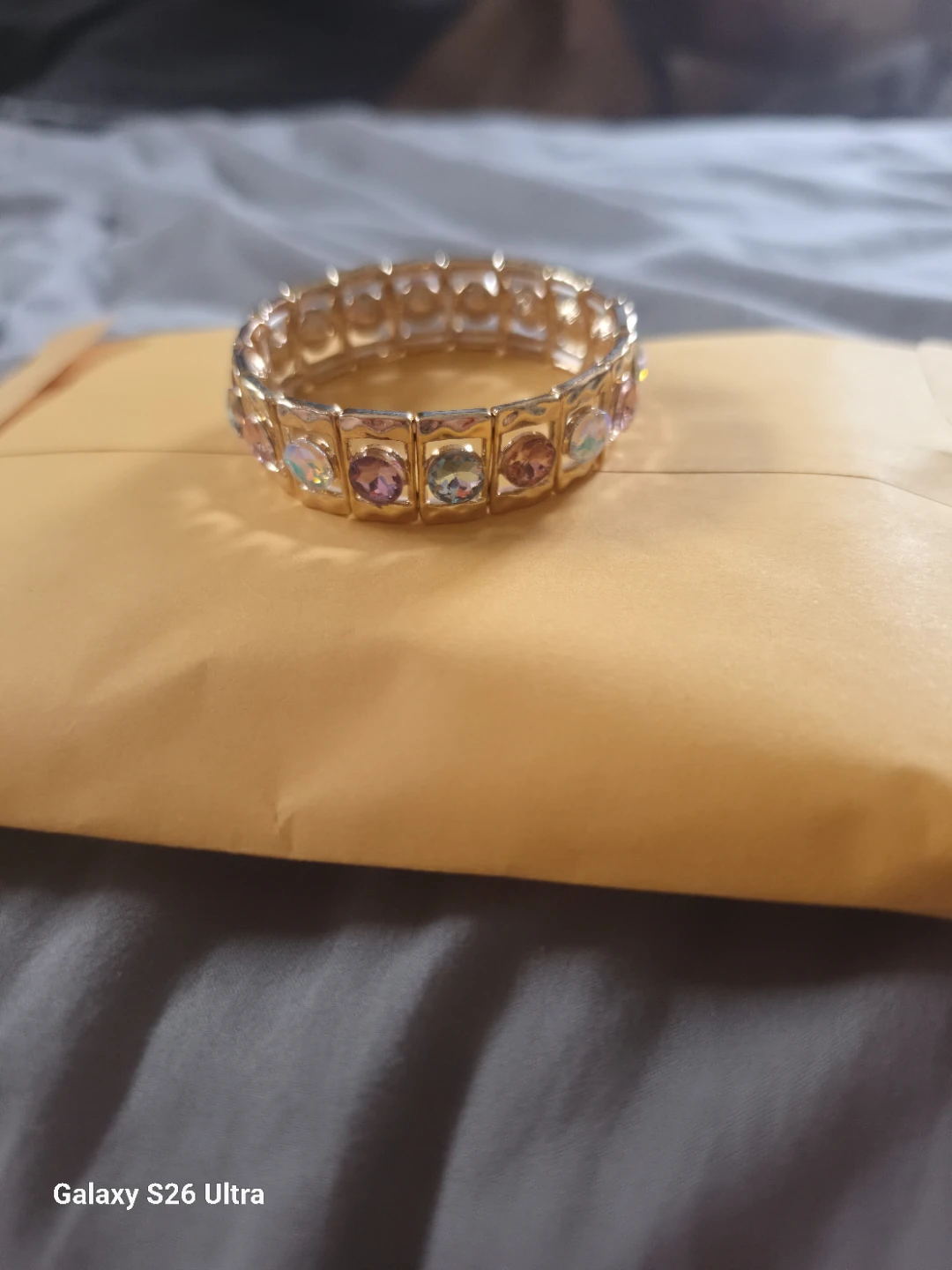 Gold Tone Beaded Stretch Bracelet with Colorful Stones