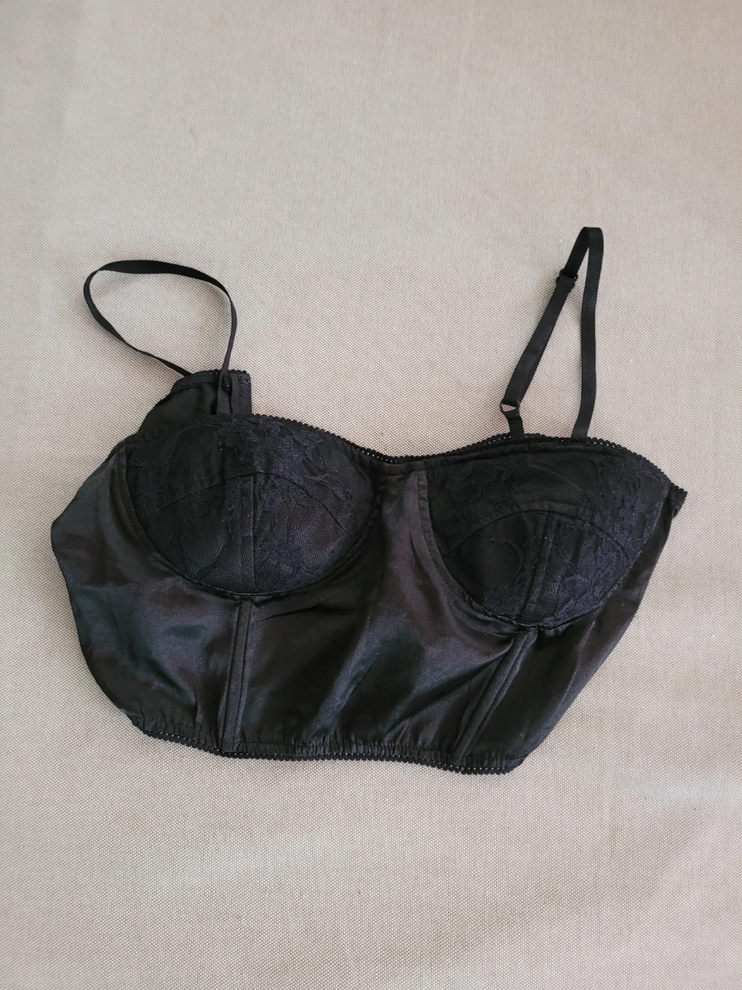 Black satin lace bustier bra