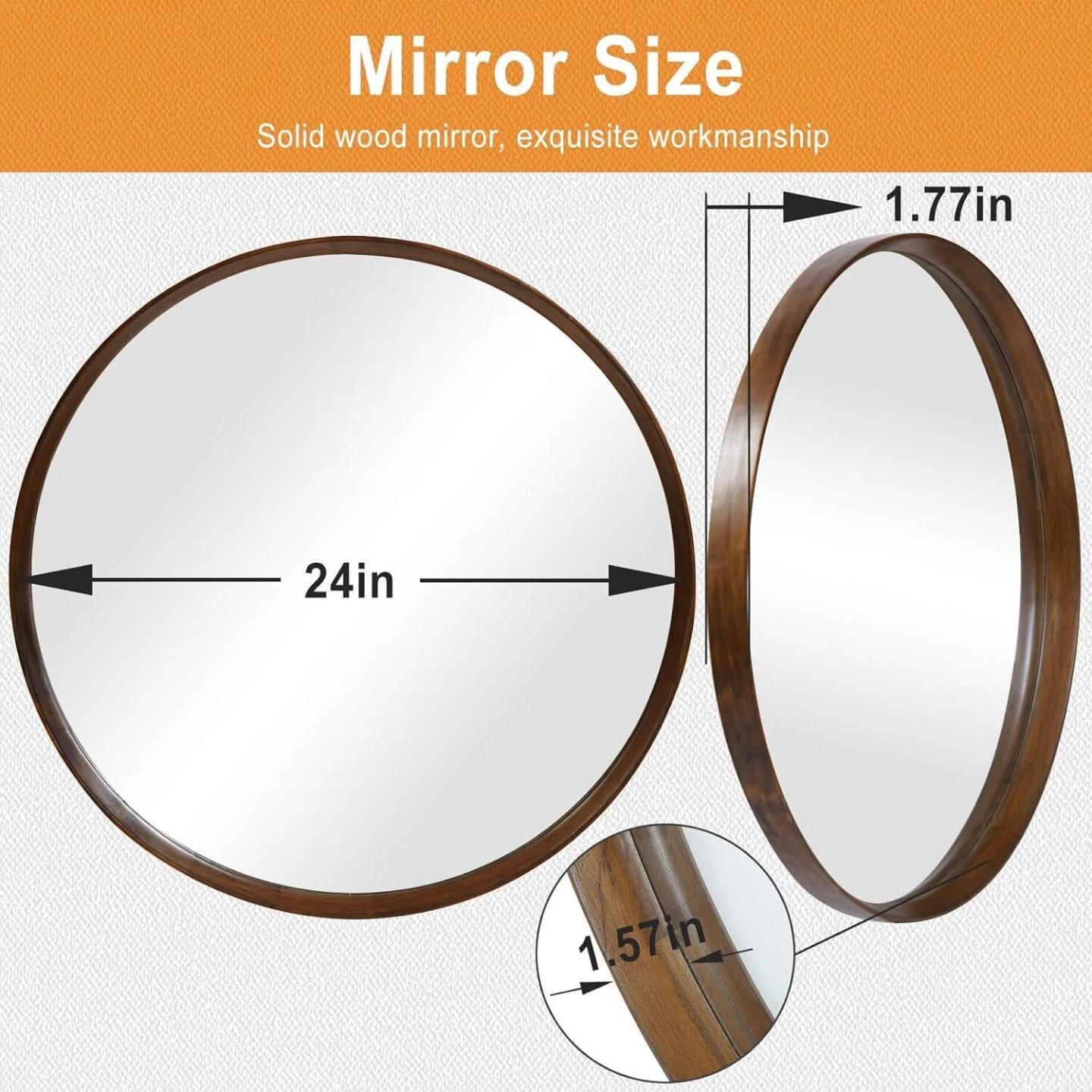 Round Mirror 24" Center Brown Wood Wall Mirror - photo 2