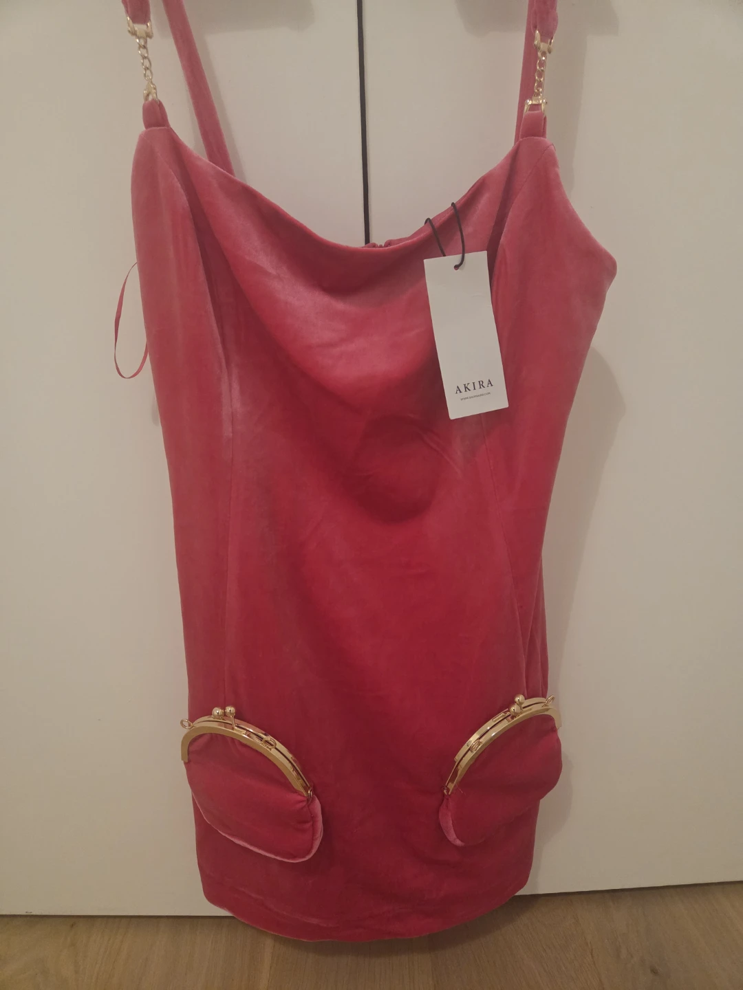 AKIRA Pink Velvet Mini Dress with Coin Pockets