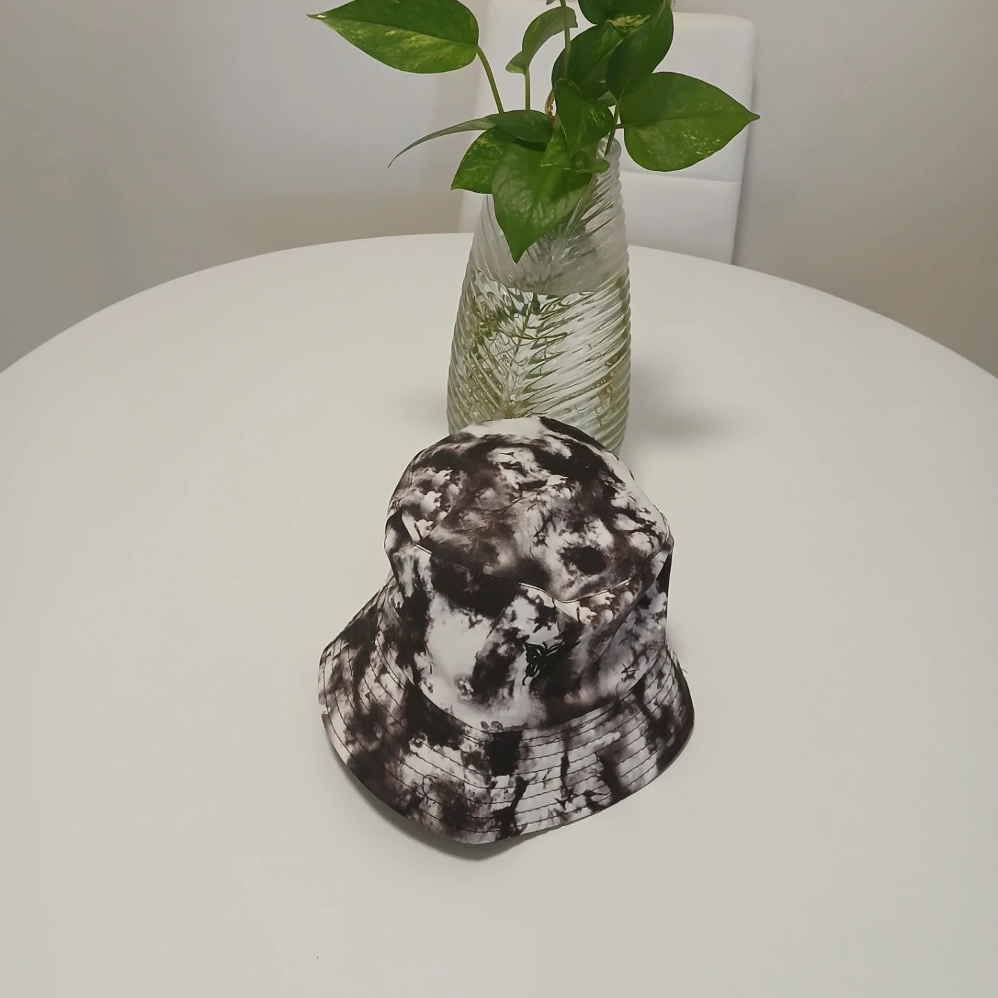Black and White Tie-Dye Bucket Hat with Butterfly Embroidery