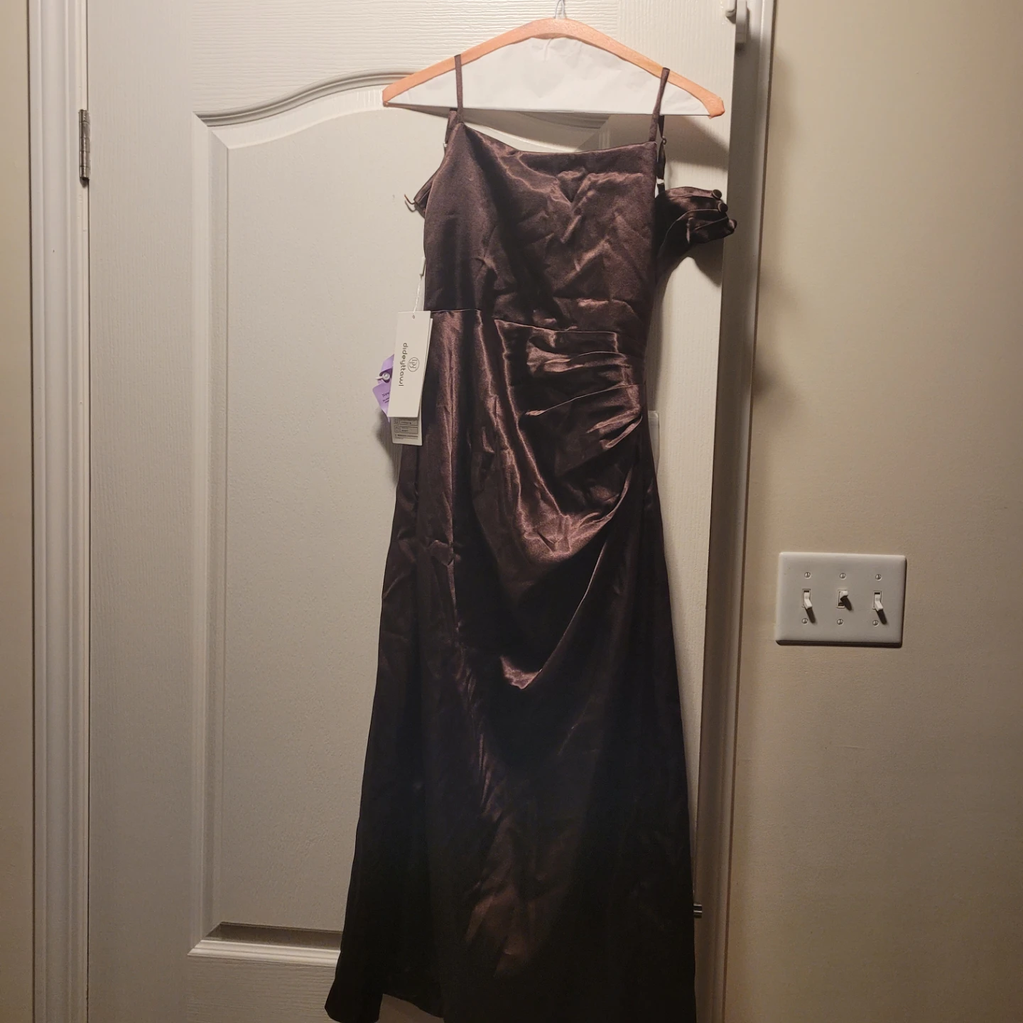 Brown Satin Ruched Dress