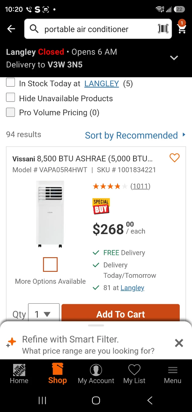Vissani 8,500 BTU Portable Air Conditioner