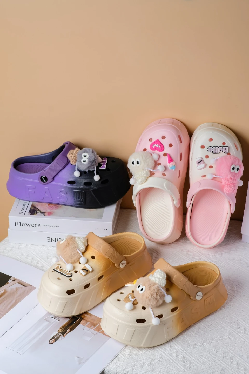 Women's Platform Clogs with Fuzzy Charms