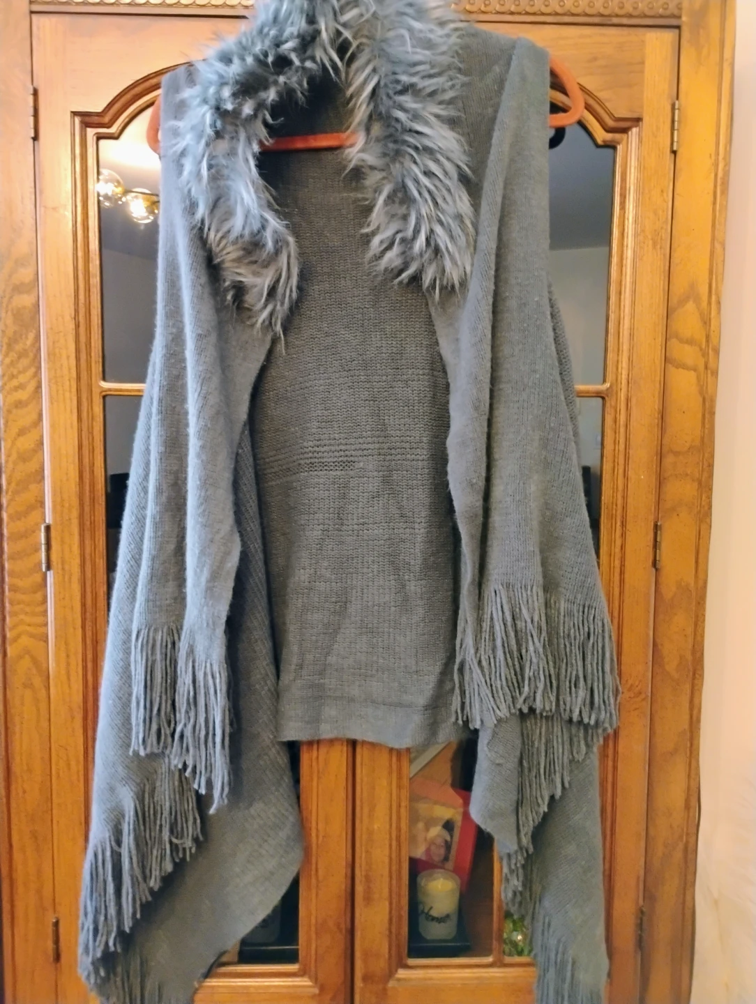 Gray Knit Poncho Vest with Faux Fur Collar