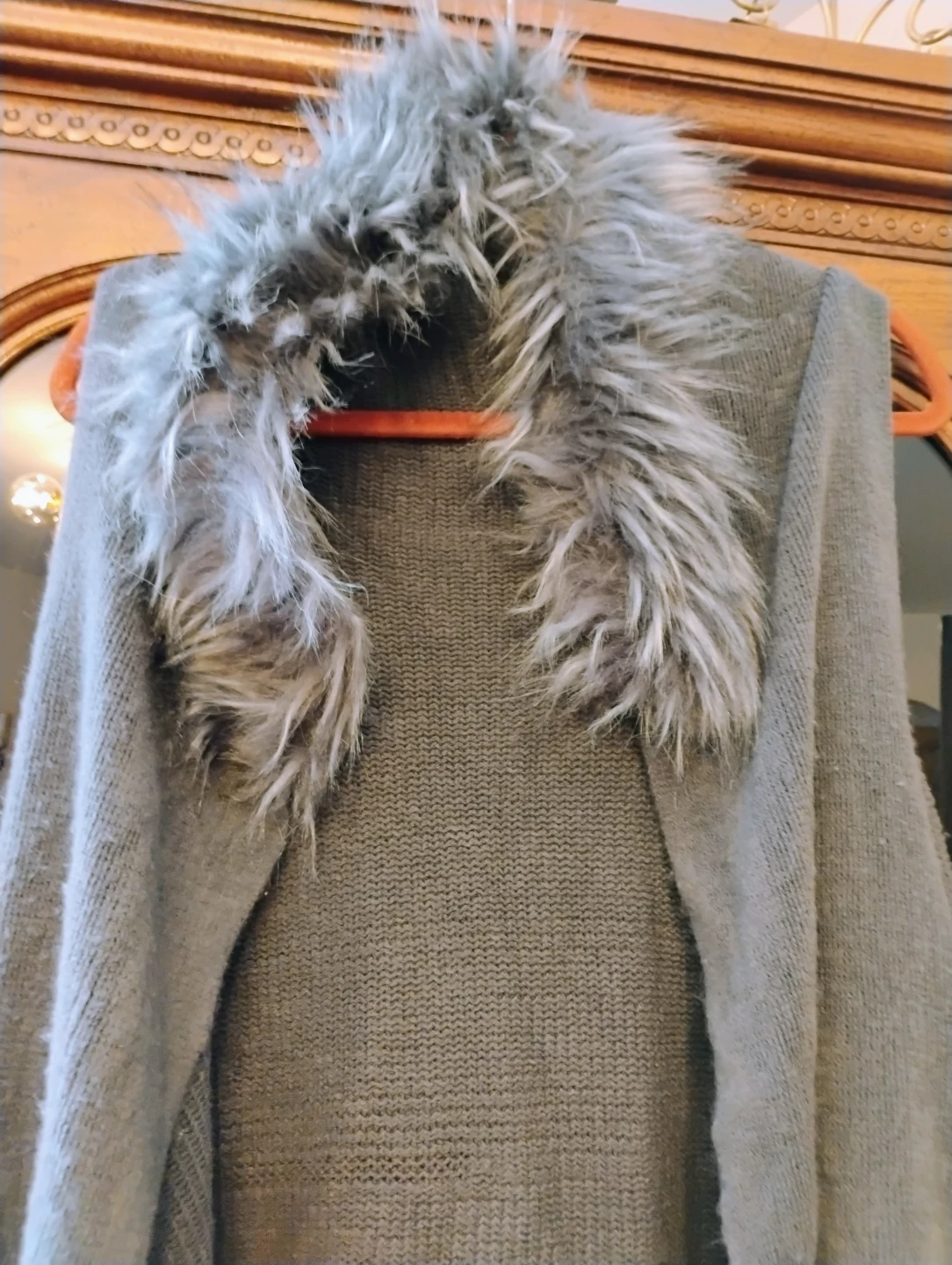 Gray Knit Poncho Vest with Faux Fur Collar - photo 2