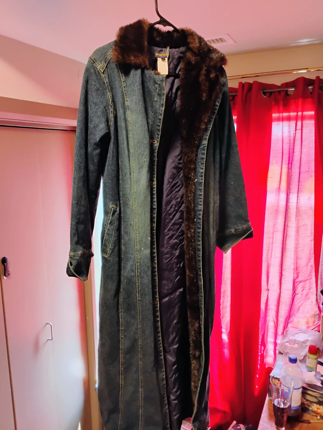 Armor Jeans Denim Fur Trim Maxi Coat