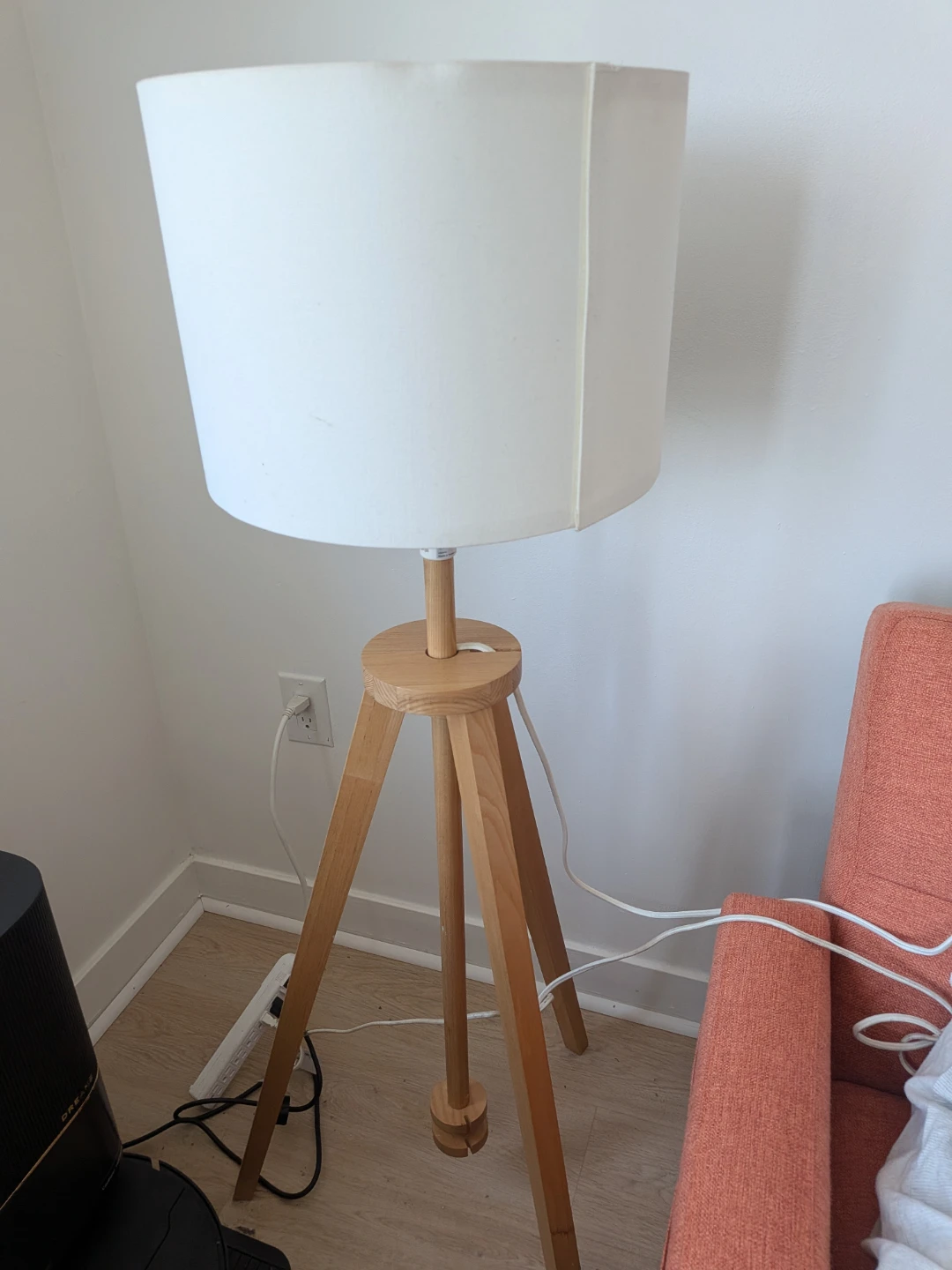 Wooden Tripod Floor Lamp with White Shade