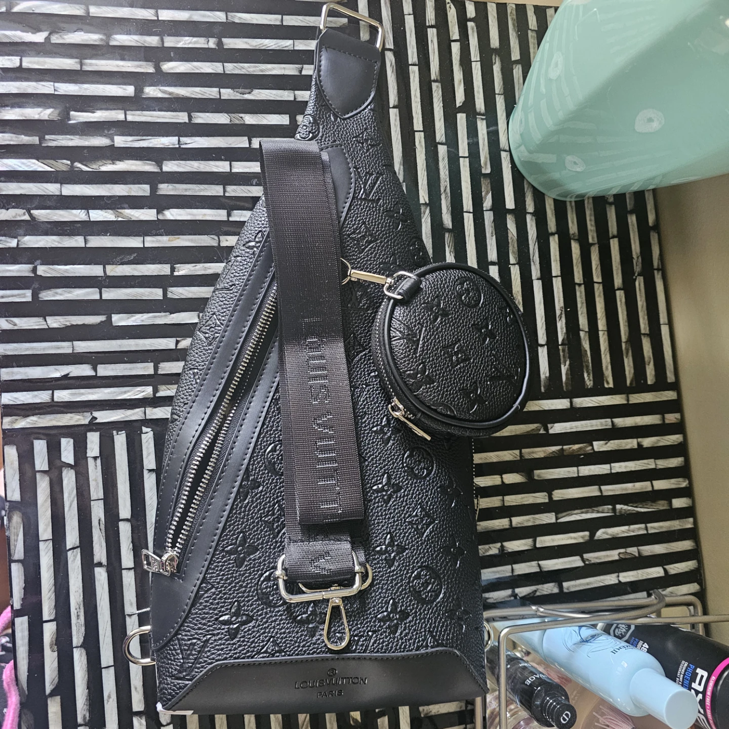 Louis Vuitton Black Monogram Sling Bag with Pouch