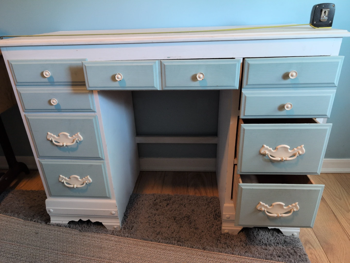 White and Blue Dresser Desk with Drawers