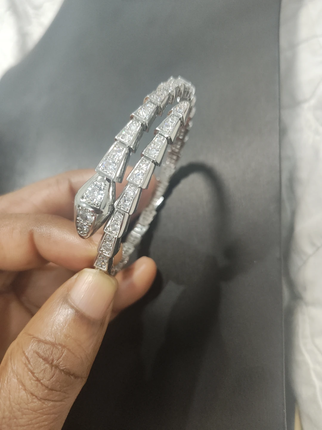 Silver Snake Bangle Bracelet with Crystals