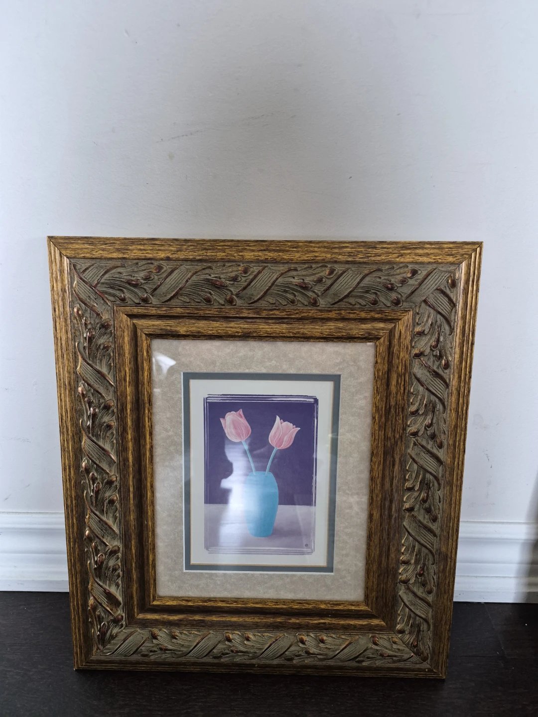 Framed Art Print - Pink Tulips in Blue Vase
