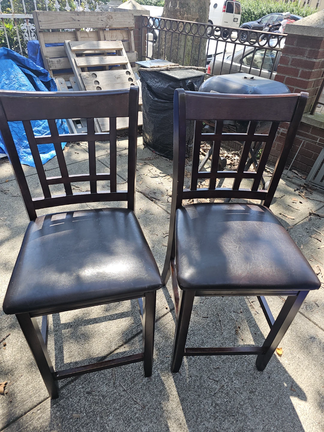 Set of 2 Bar Height Wood and Leather Stools