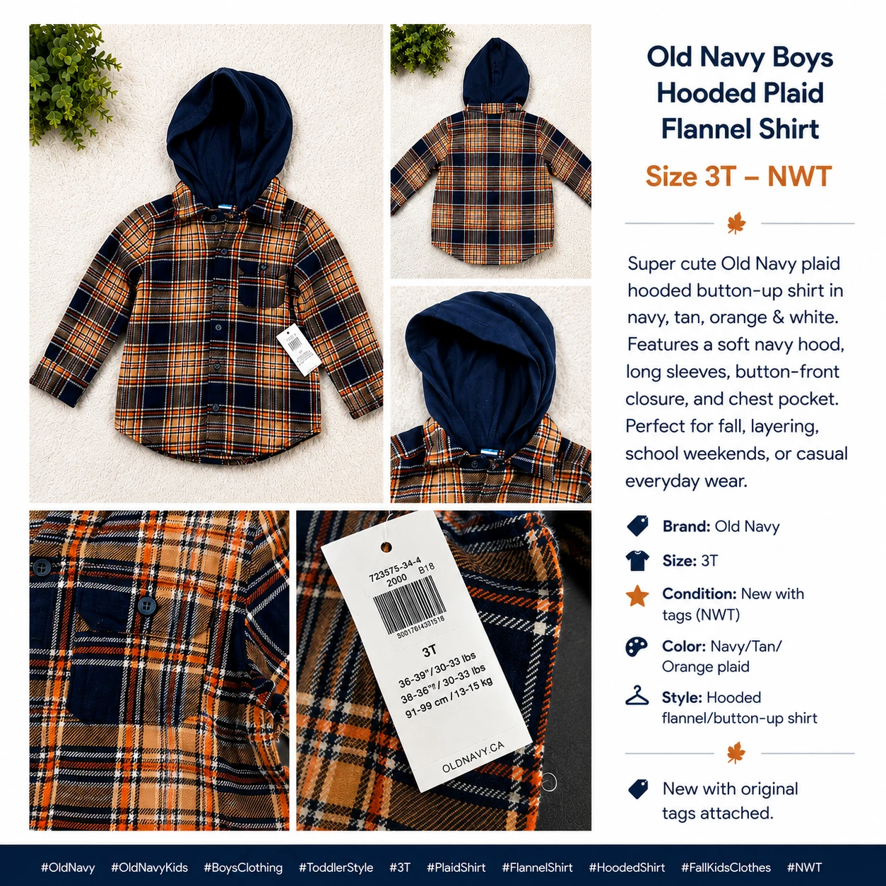 NWT 3T Old Navy Boys Hooded Plaid Flannel Shirt