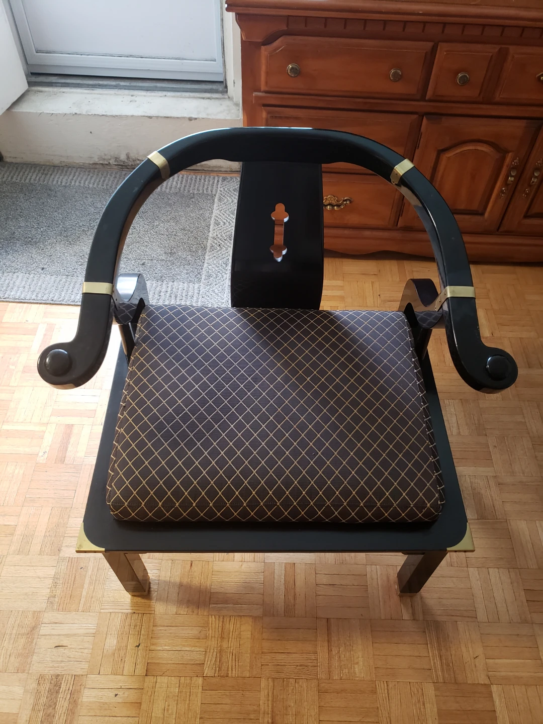 Black Lacquered Accent Chair with Patterned Seat