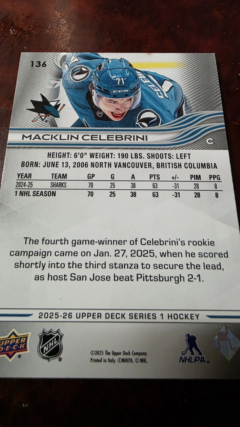 Macklin Celebrini 2025-26 Upper Deck Series 1 Hockey Card - photo 2