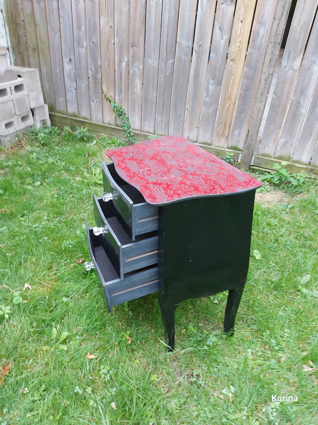 Black 3-Drawer Nightstand with Red Patterned Top - photo 3