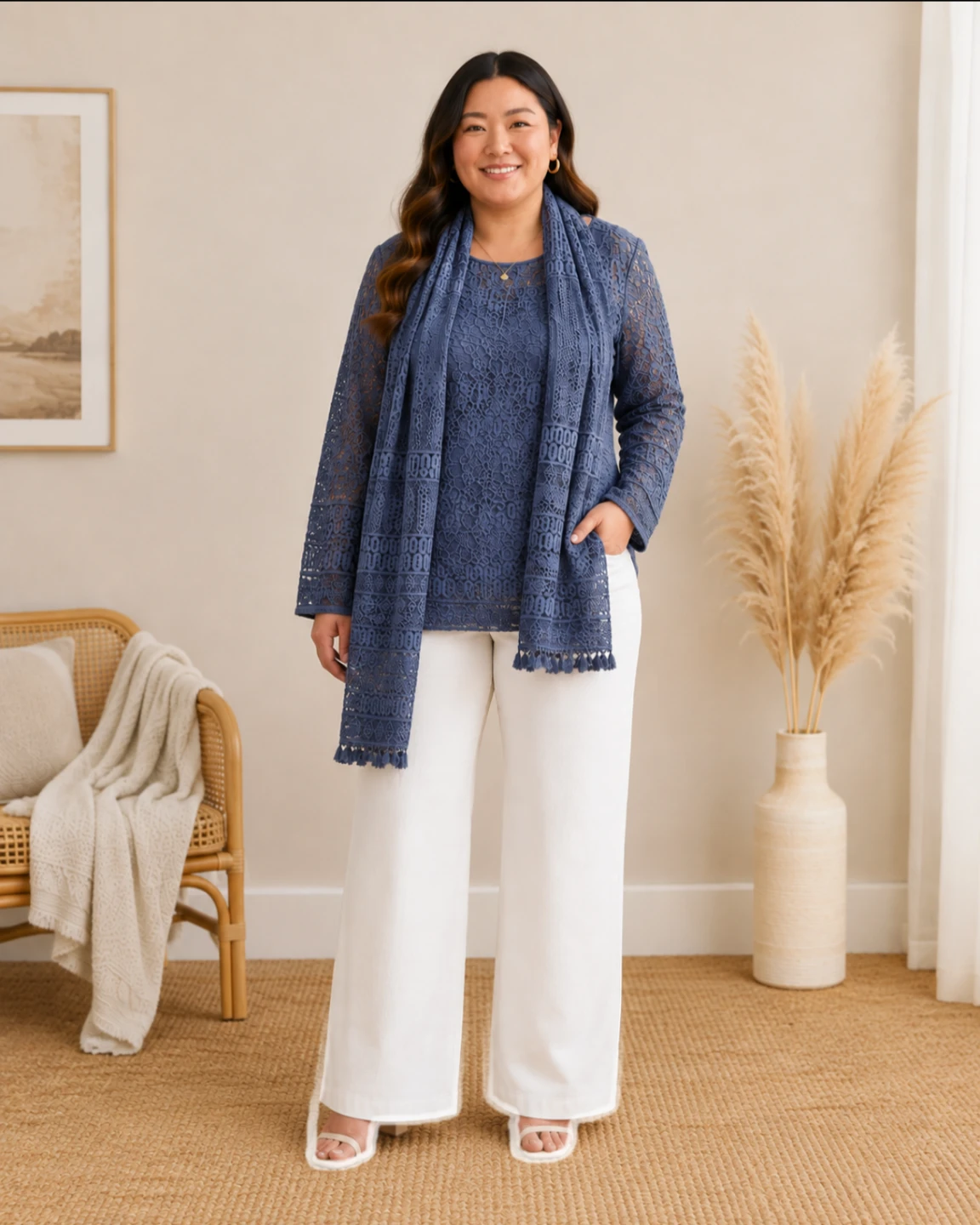 Women's Sz XL Blue Lace Top with matching Scarf
