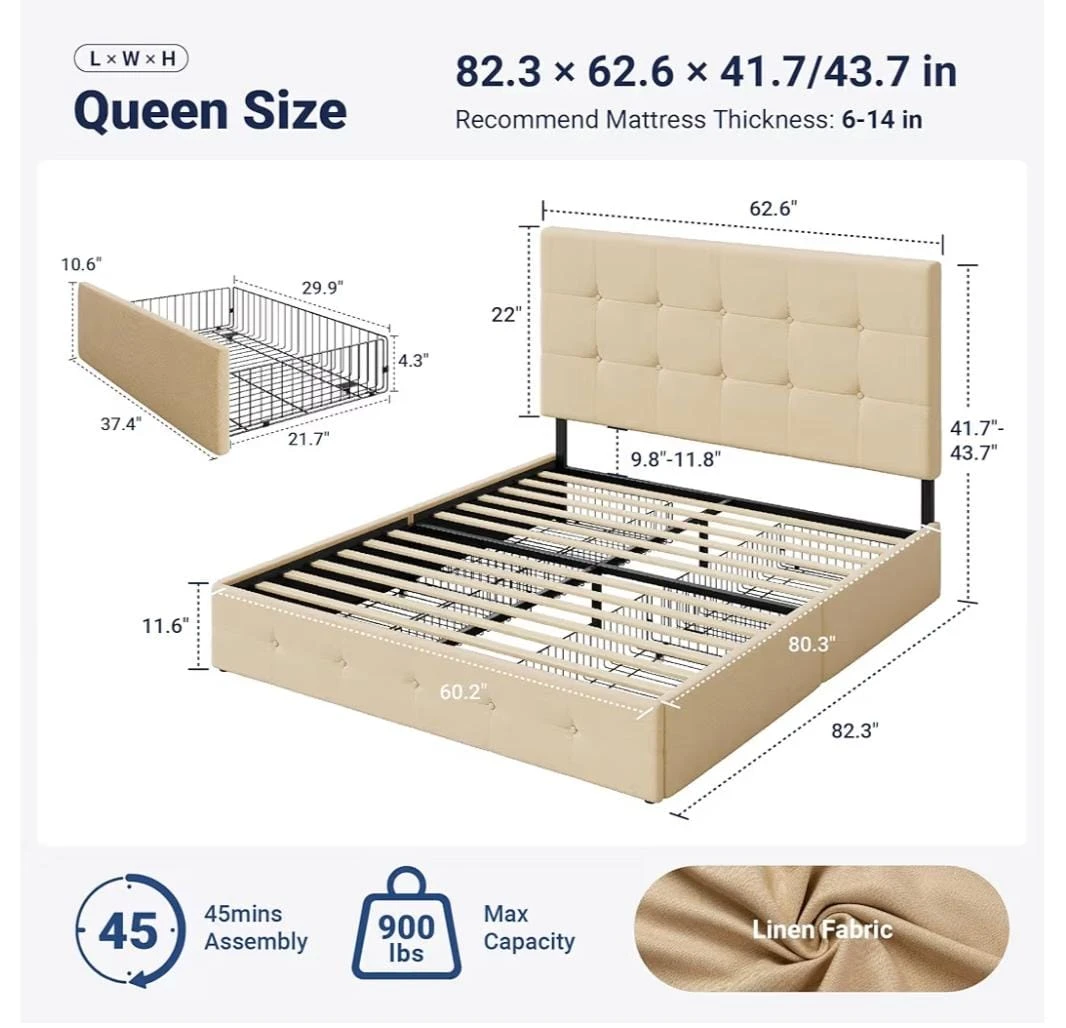 Queen Upholstered Wingback Bed Frame in Beige Fabric