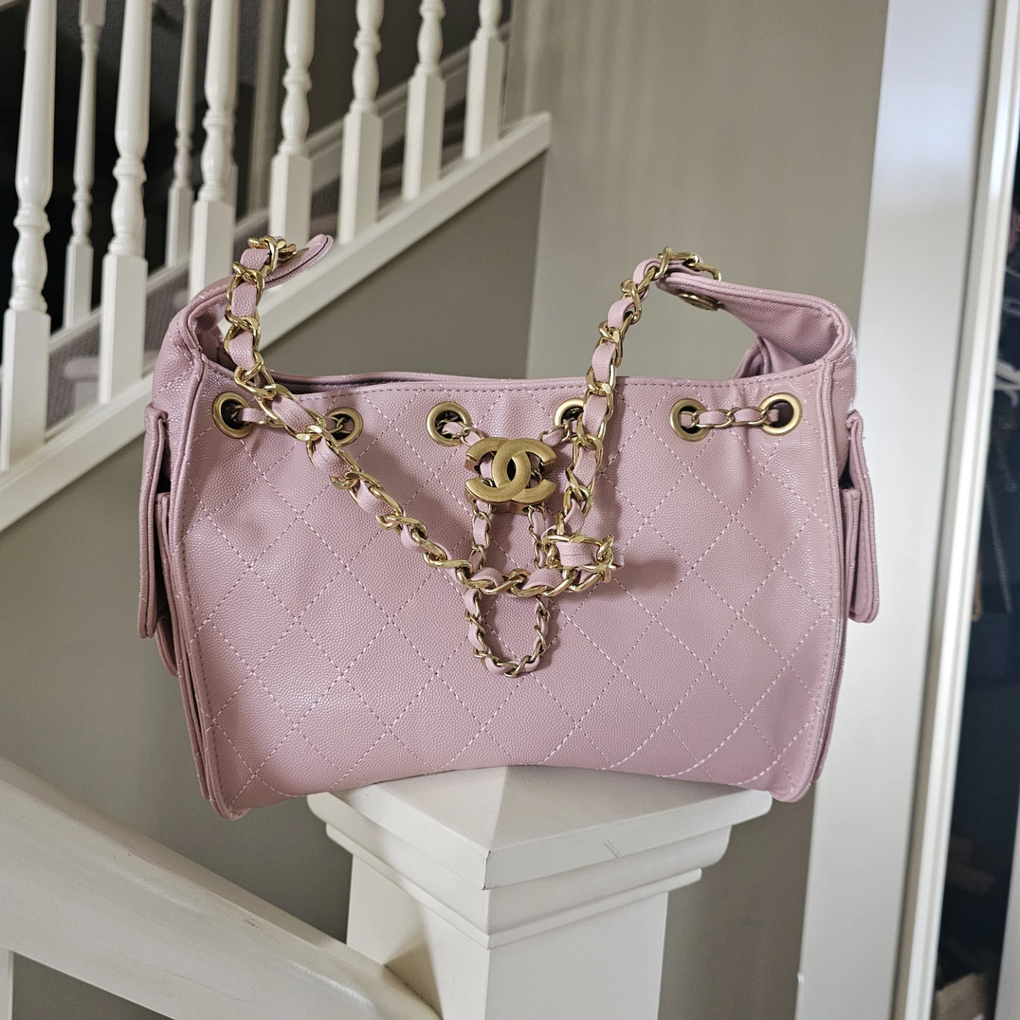 Pink Quilted Handbag with Gold Chain