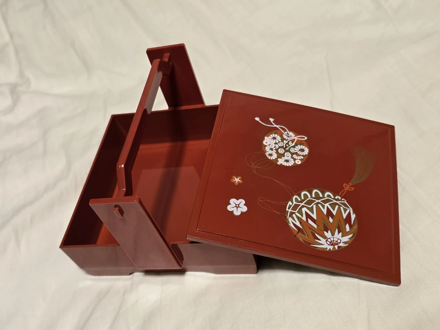 VINTAGE  Red Lacquer plastic Bento/sewing  Box with Handle - photo 2