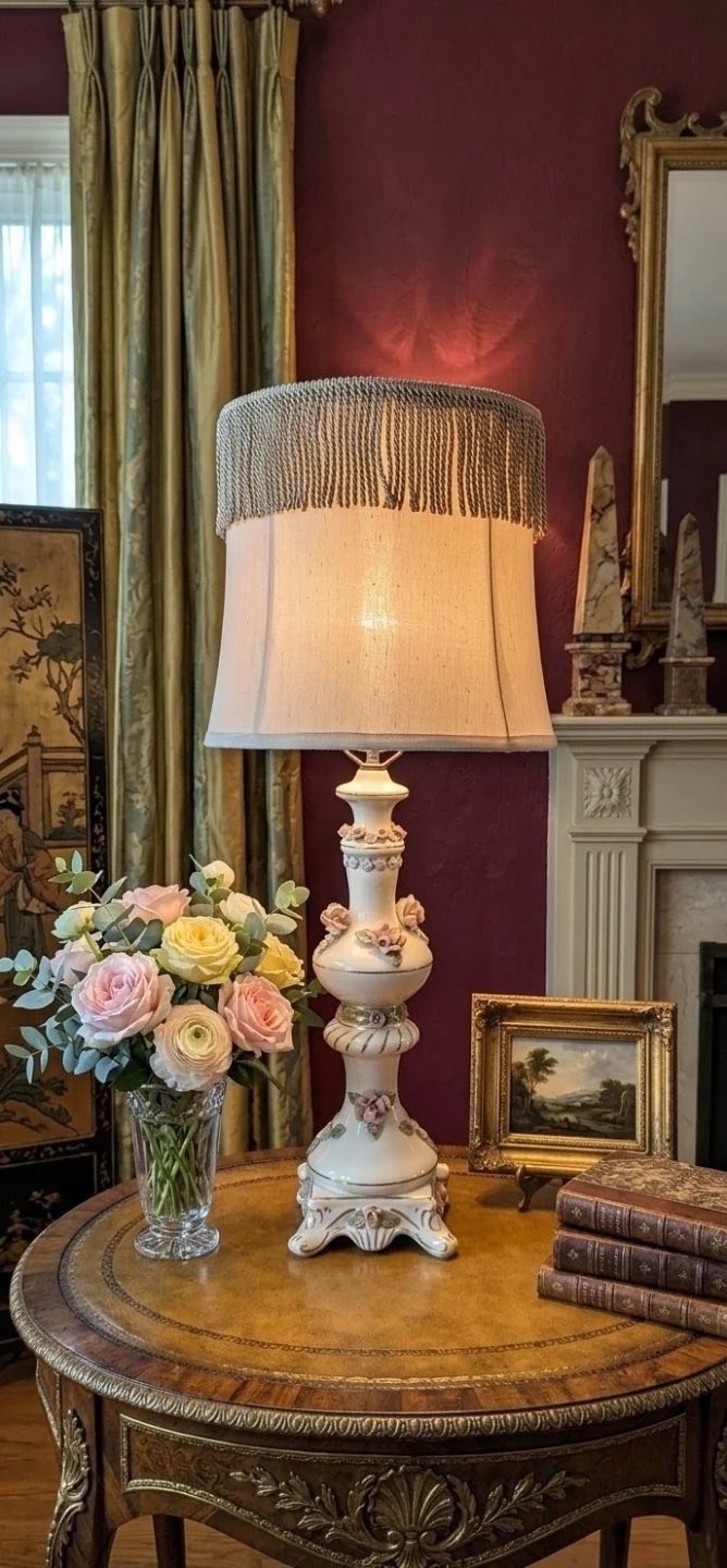 Vintage Porcelain Floral Table Lamp with Tassel Shade
