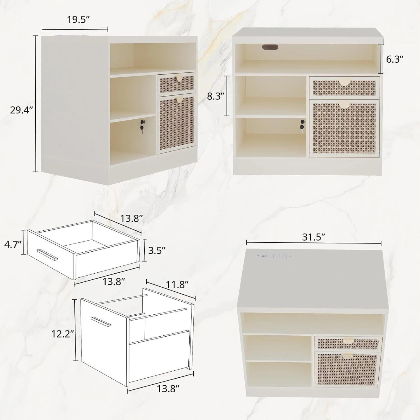 White Storage Cabinet with Rattan Drawers