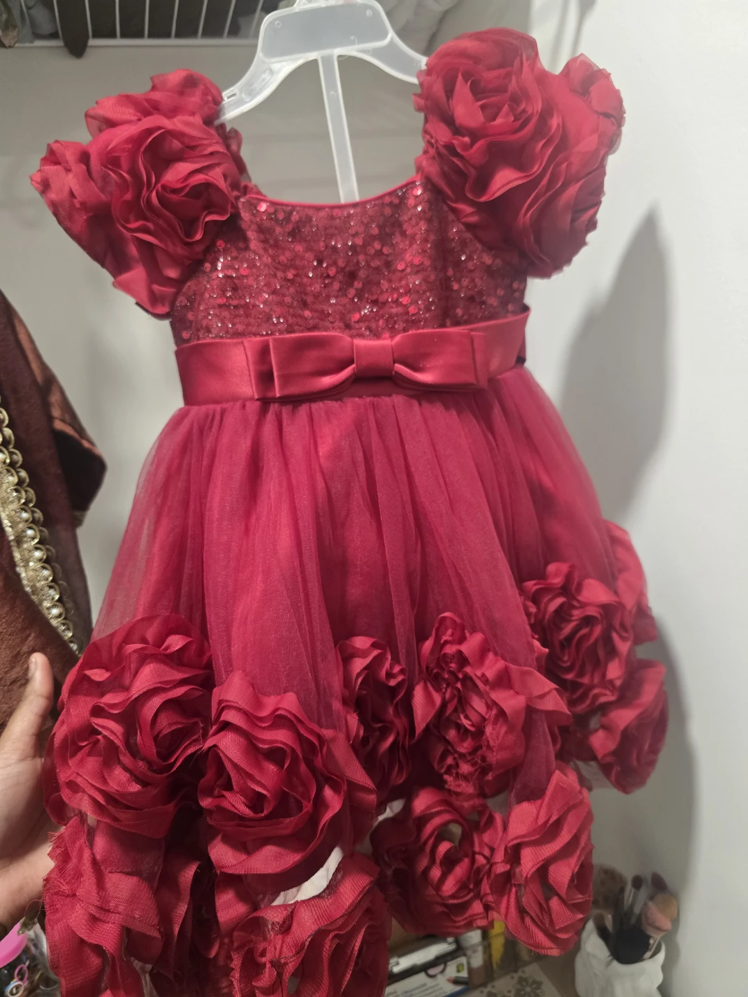 Red sequin and floral tulle party dress