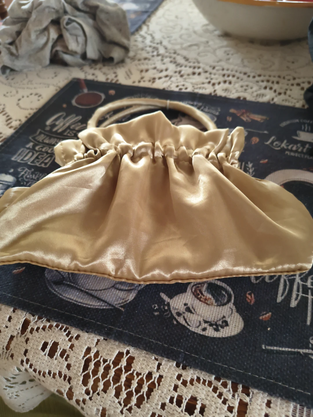 Gold Satin Drawstring Handbag with Rose Accent - photo 5