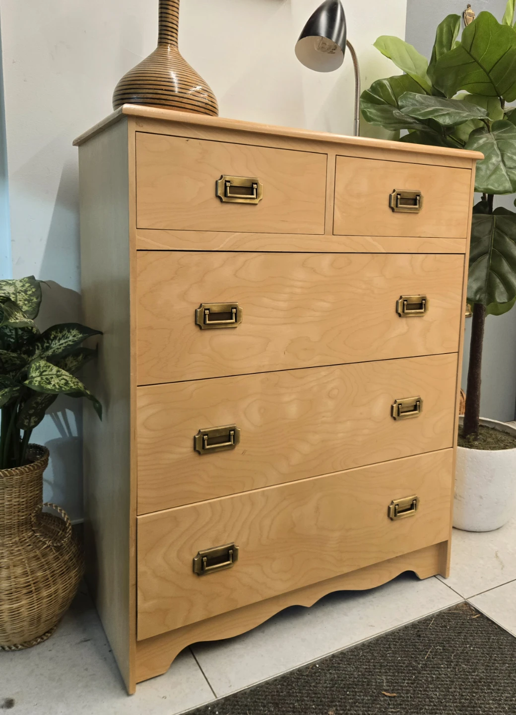 Vintage 5 Drawer Tallboy Dresser With Brass Pull Handles