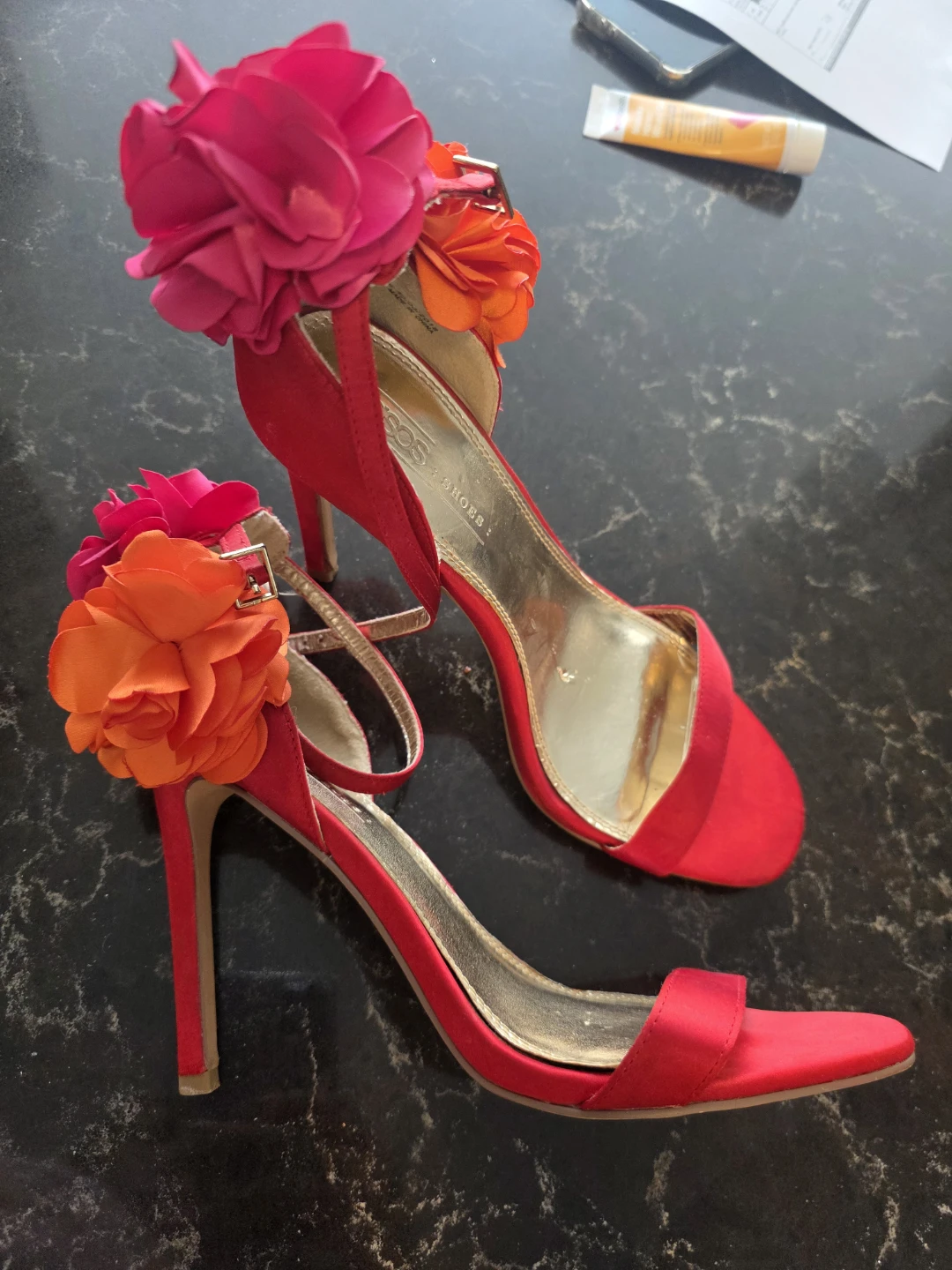 ASOS Red Satin High Heel Sandals with Floral Embellishments - photo 4