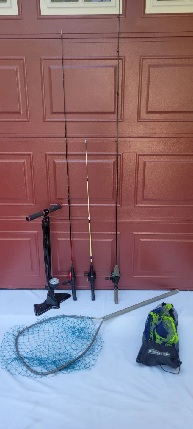 Fishing Rods, Net, snorkel,  bike pump
