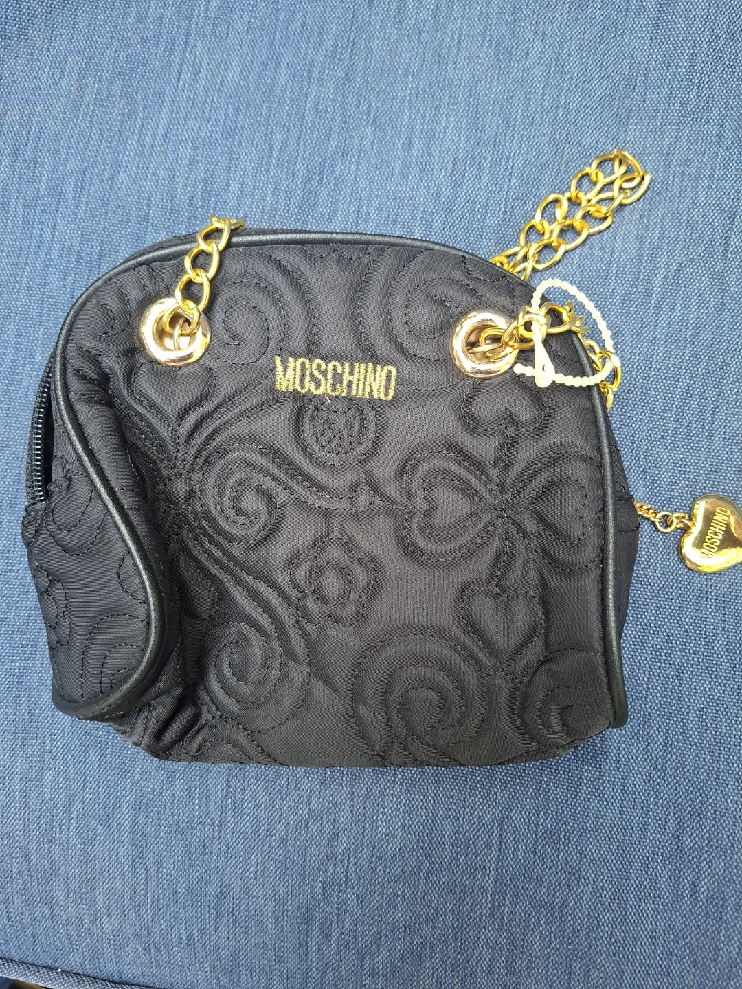 Moschino Black Quilted Heart Charm Chain Bag