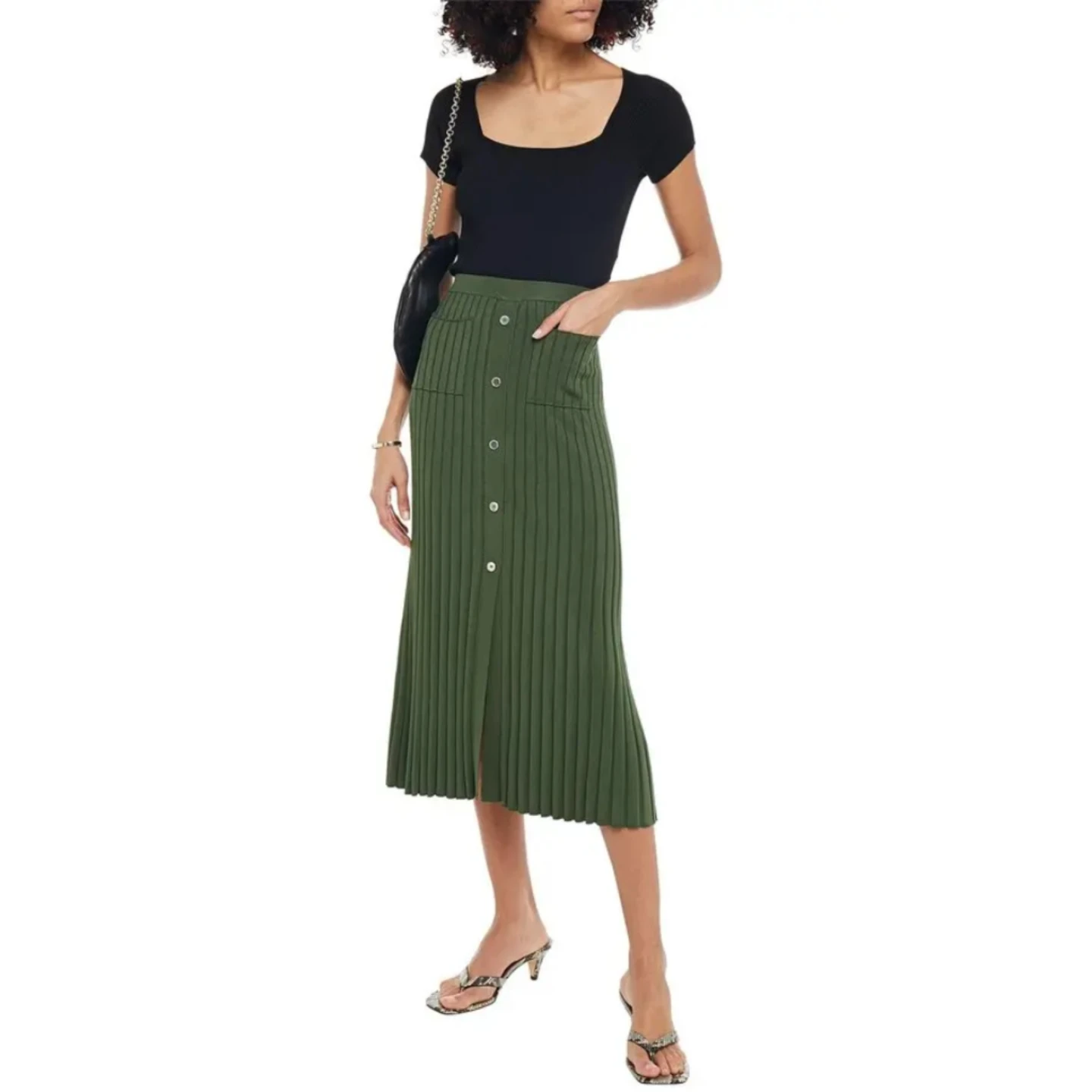 Sandro Meva Button-Embellished Ribbed-Knit Midi Skirt