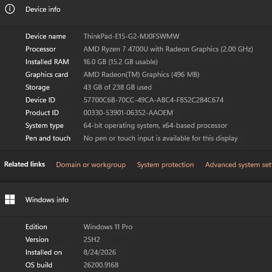 Ryzen 7, 16gb, 256gb Win11Pro ThinkPad E15 G2 99% battery - photo 4