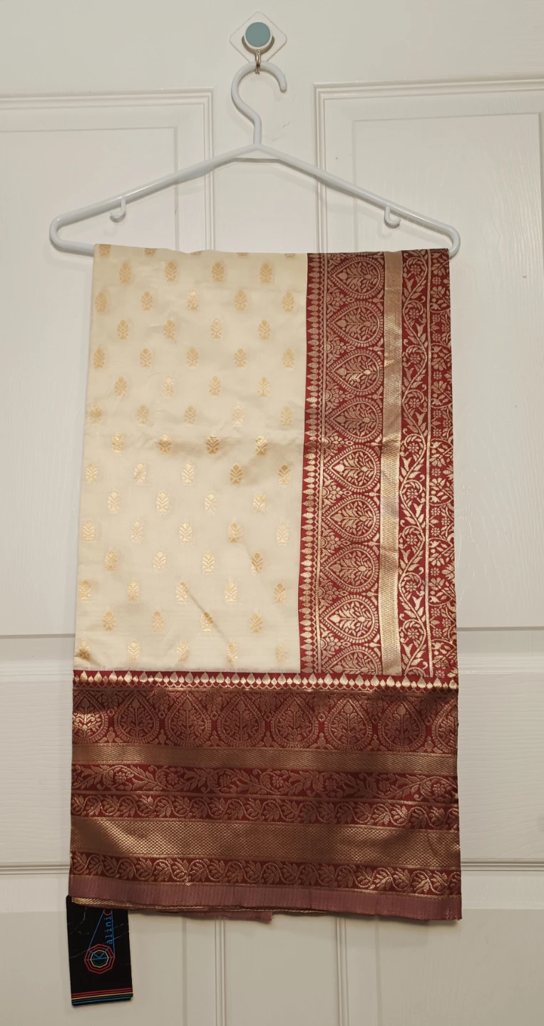 Brand new unboxing Cream and Red Sari