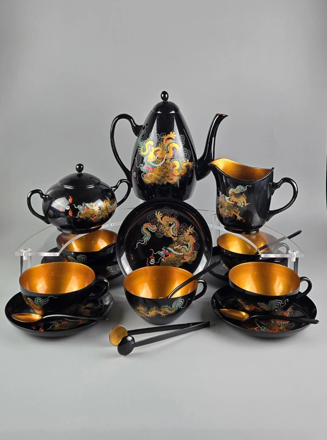 Vintage Foochow China Dragon Lacquer Tea Set Wong Tai Mi