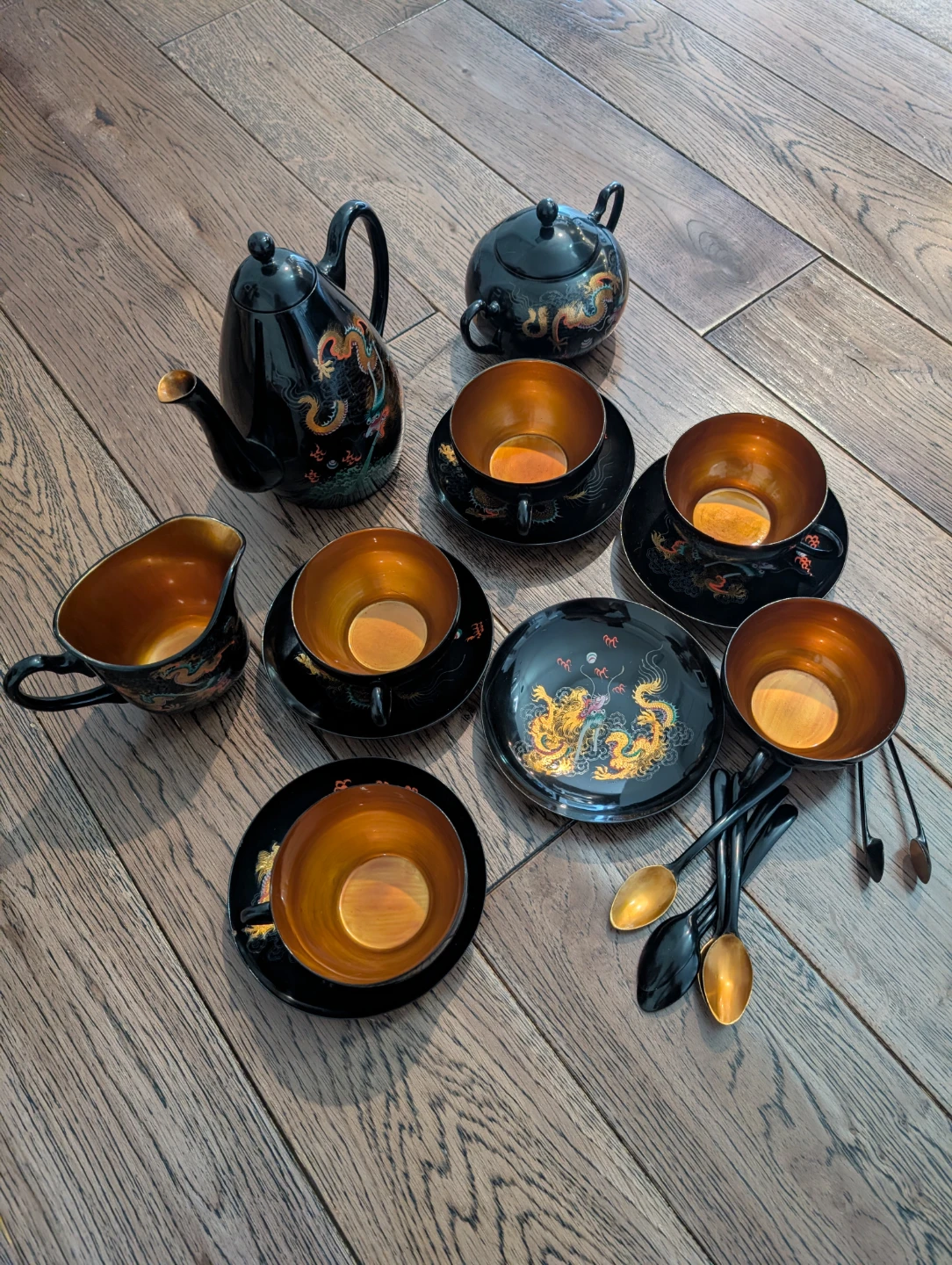 Vintage Foochow China Dragon Lacquer Tea Set Wong Tai Mi - photo 2