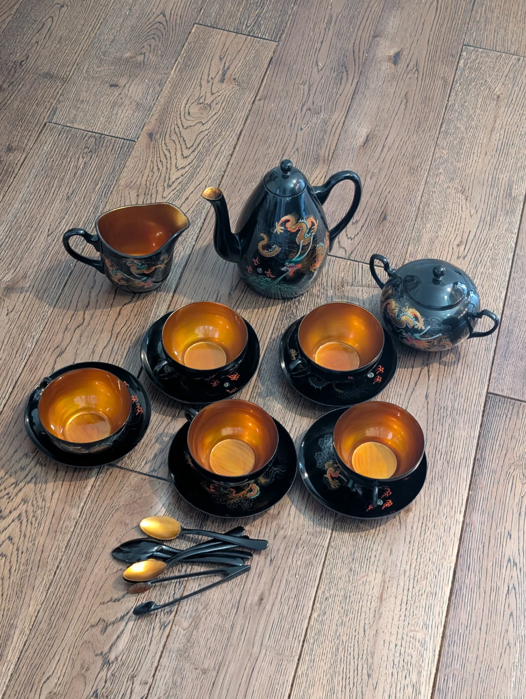 Vintage Foochow China Dragon Lacquer Tea Set Wong Tai Mi - photo 3