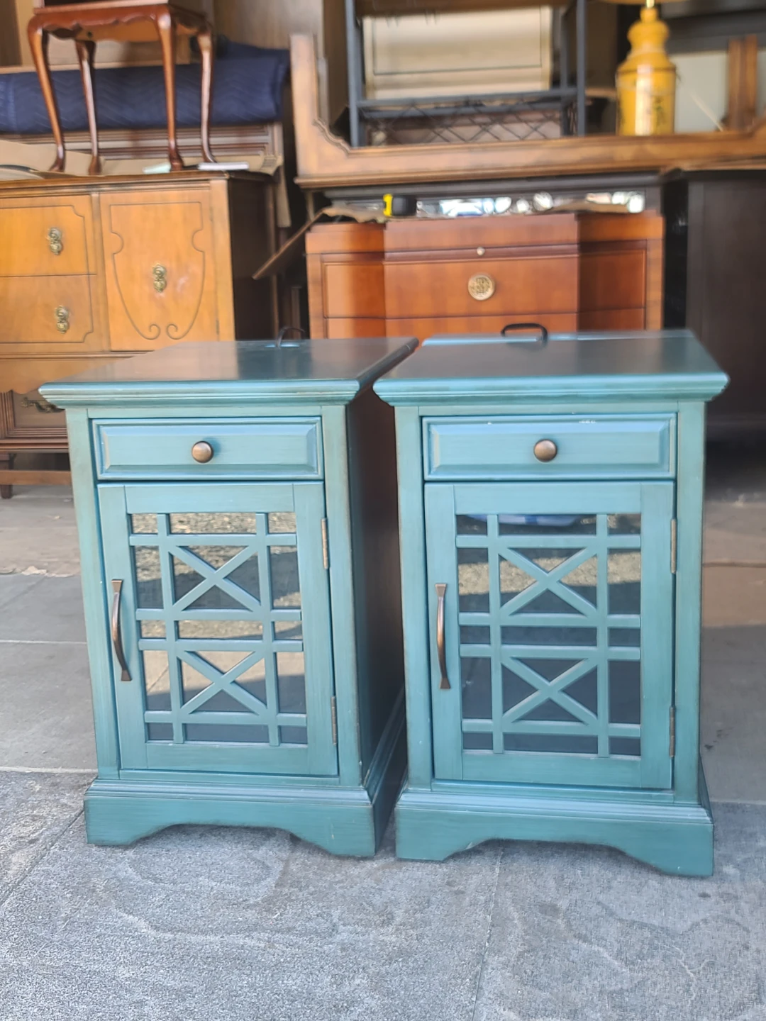 Pair of Teal Lattice Door Nightstands