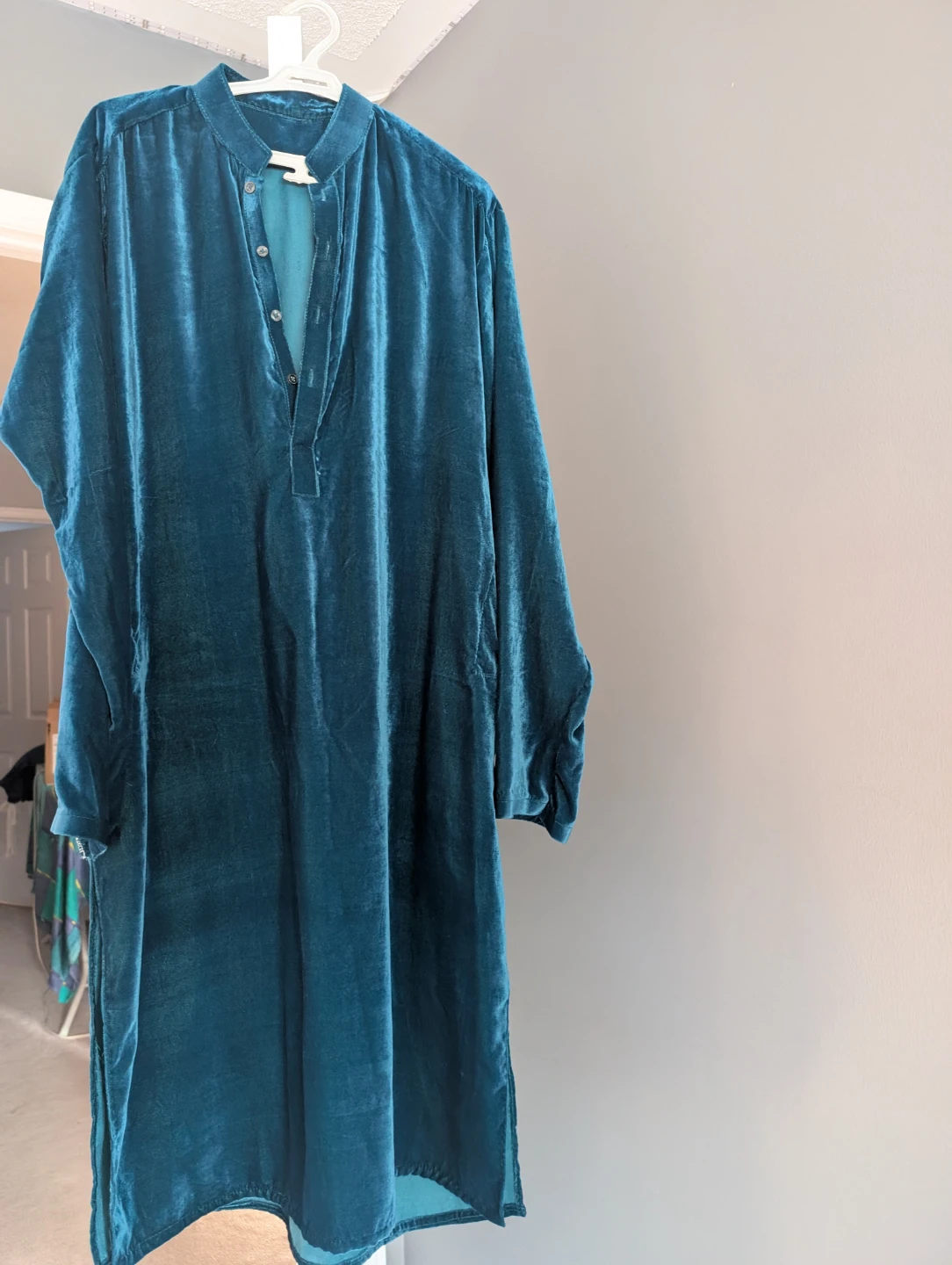 Teal Velvet Mandarin Collar Tunic Dress - photo 2