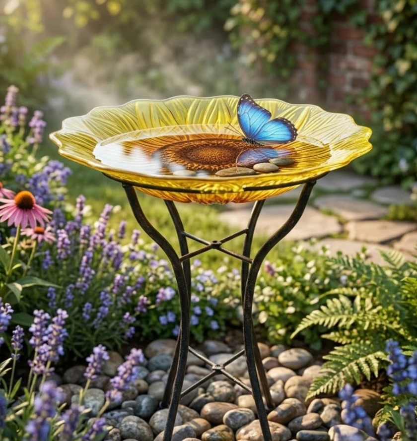 Brand New Glass Yellow Sunflower and Blue Bird Bath