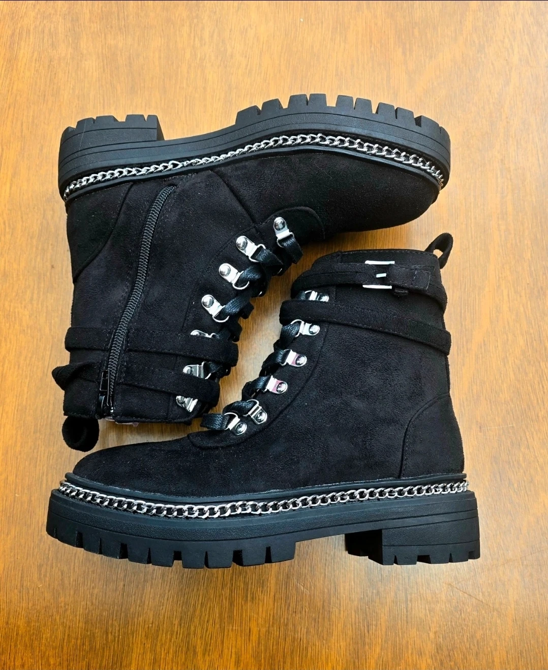 Black Suede Chain Detail Combat Boots