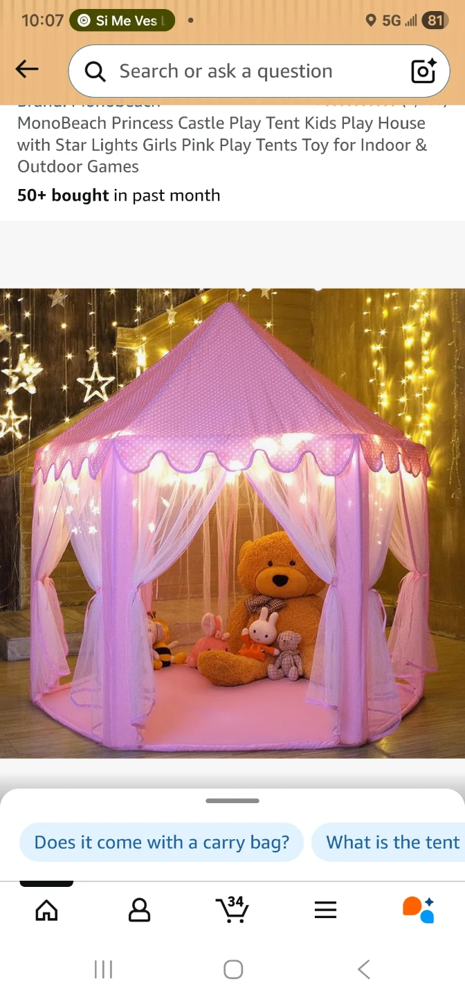 Pink Princess Play Tent with Star Lights
